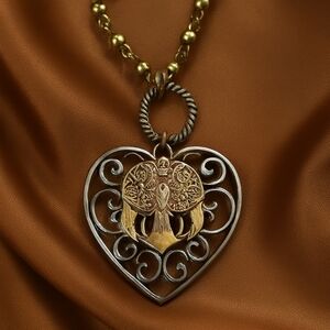 Silver & Gold Filigree Heart Necklace –  Dual-Tone Bird Pendant on Beaded Chain